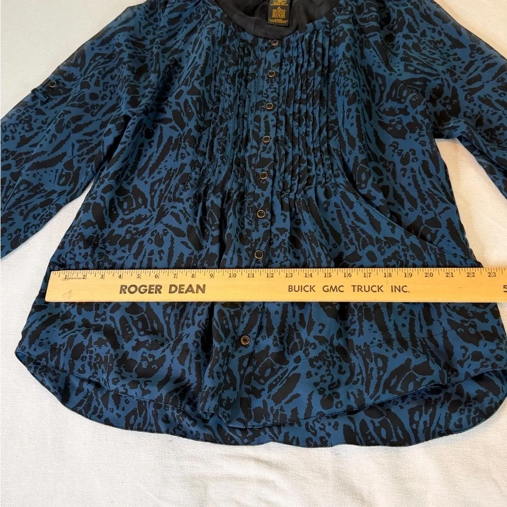 Grace Elements Blue/Blck Animal Print Long Sleeve Roll-Up Tab Blouse Size XL